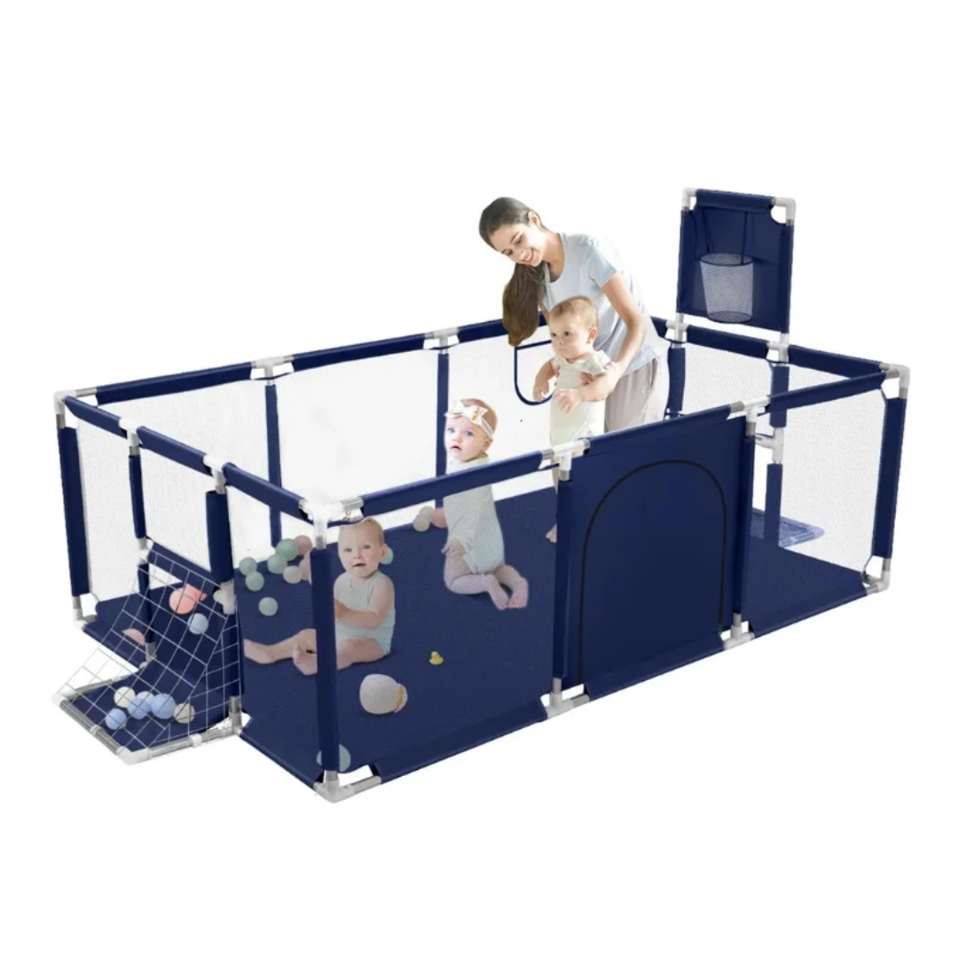 Baby Playpen Children Game Fence with Basketball Hoop, Football Net & Zipper Door